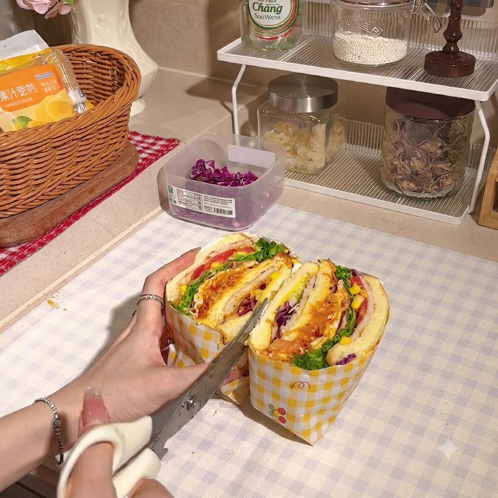 包んだサンドイッチをキッチンバサミで半分にカットし、断面を見せている様子。