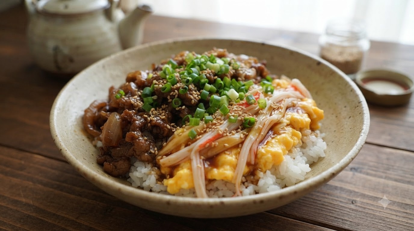 10分で簡単！カニカマと卵の牛肉あんかけ丼