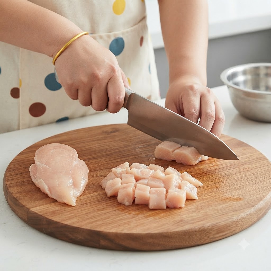 丸い木のまな板の上で、大きな包丁を使って生の鶏胸肉を一口大にスライスしている手。
