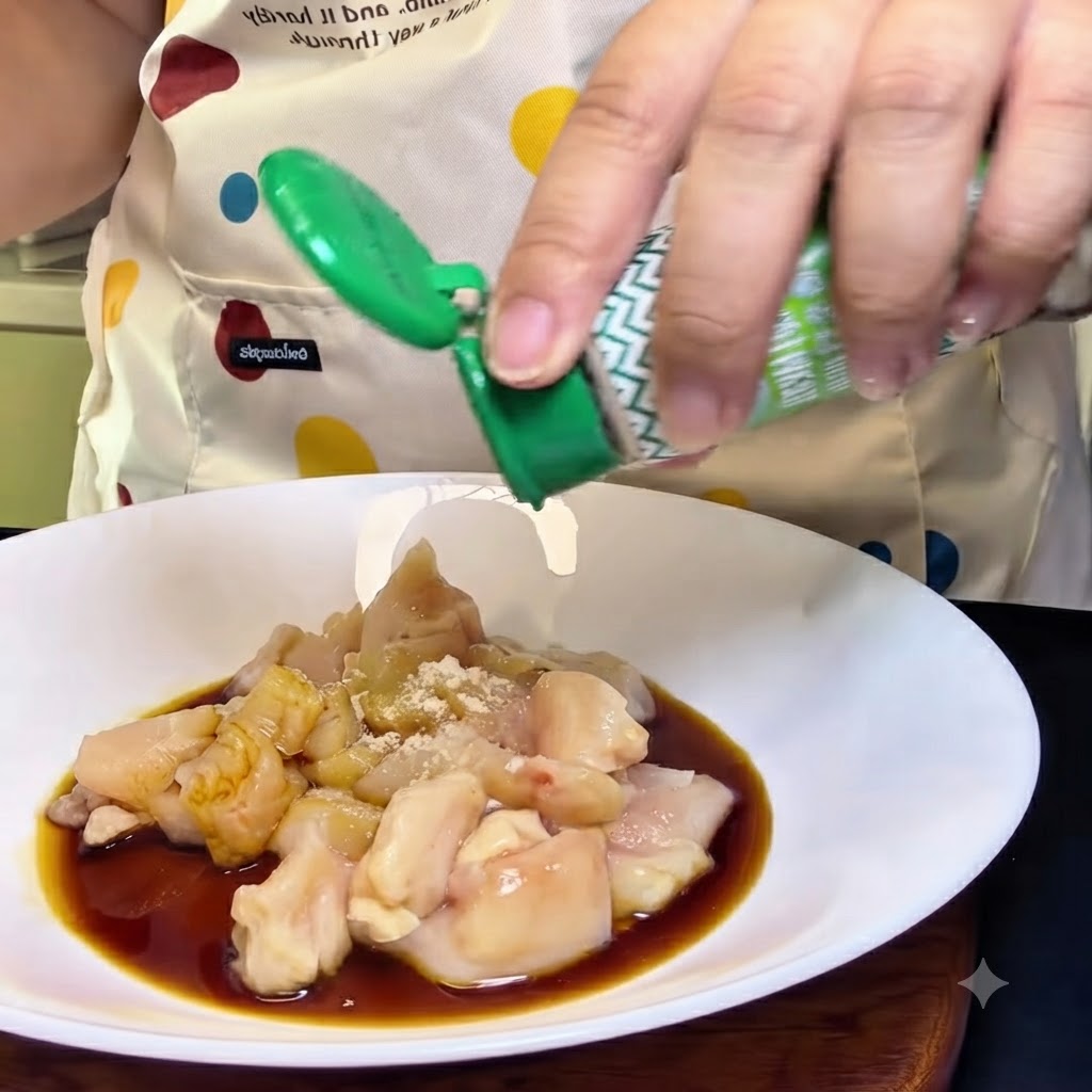 生の鶏肉の塊、醤油、調味料が入った白いボウルに、白コショウのボトルを振っている人。