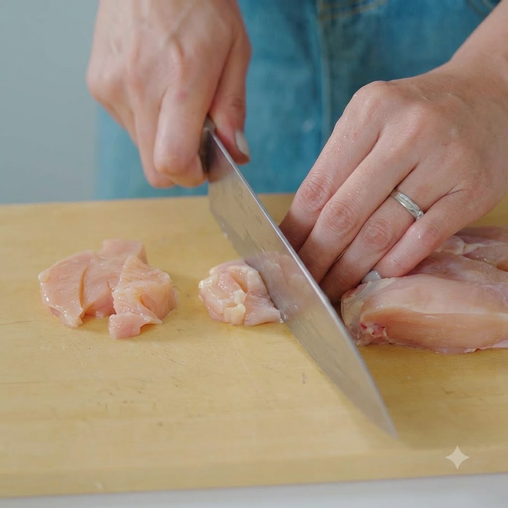 木製のまな板の上で、鋭い包丁を使って鶏むね肉を小さく切っている様子。