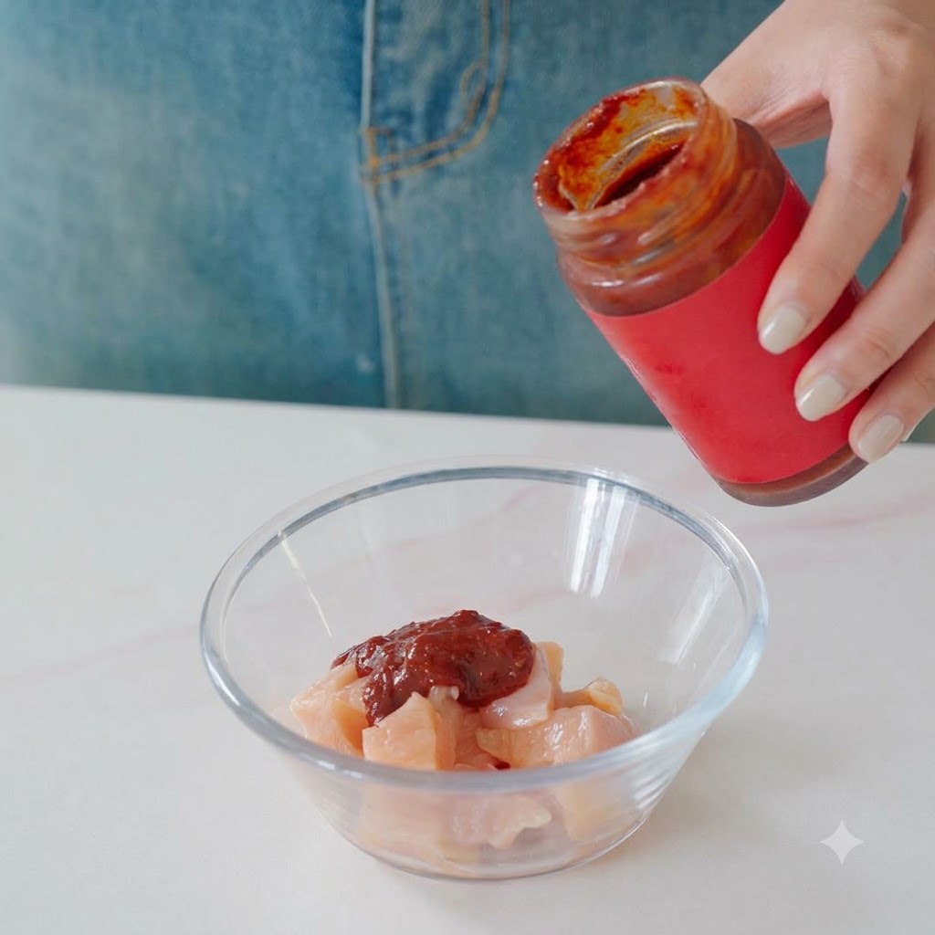 ガラスボウルに入った鶏肉に、瓶からコチュジャンなどの調味料が注がれている様子。