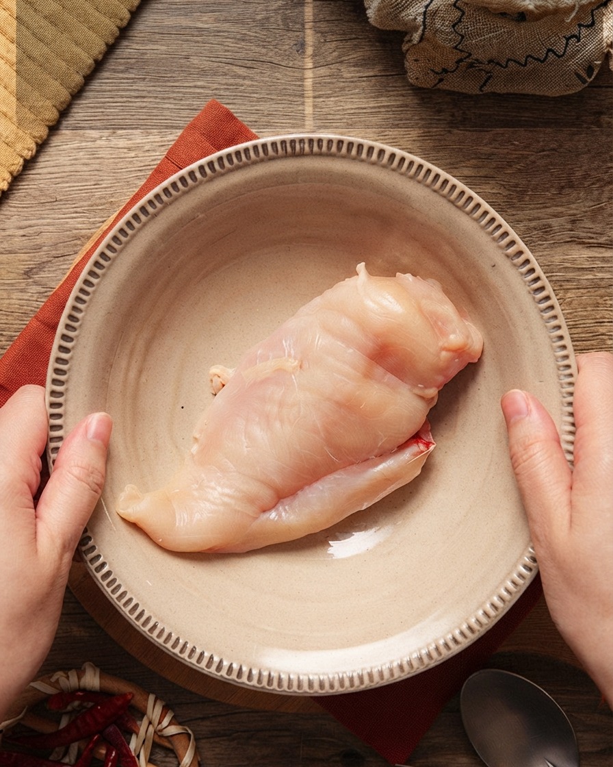 ボウルに入れられ、さまざまな調味料が加えられている鶏むね肉のカット片。
