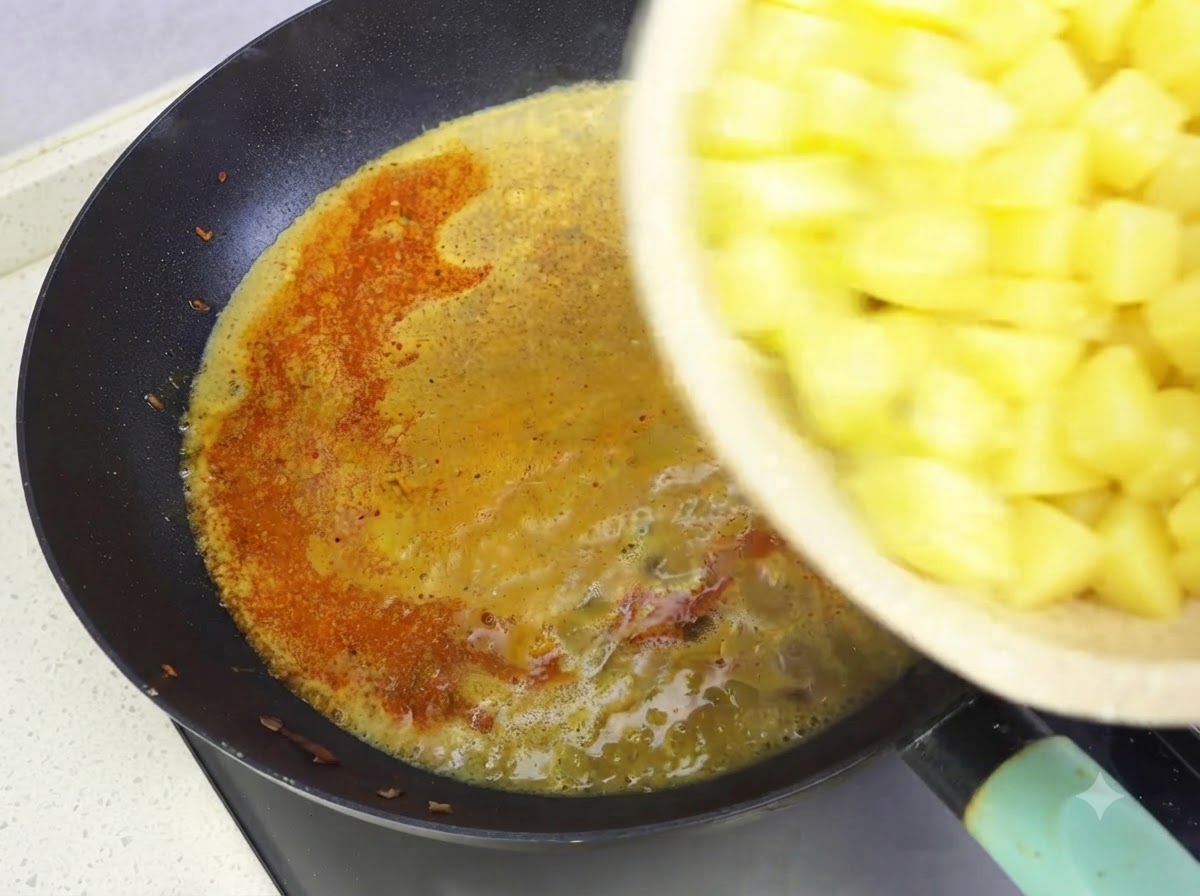 深めのフライパンで煮込まれているカレーソースに、角切りの黄色いじゃがいもを投入している手。