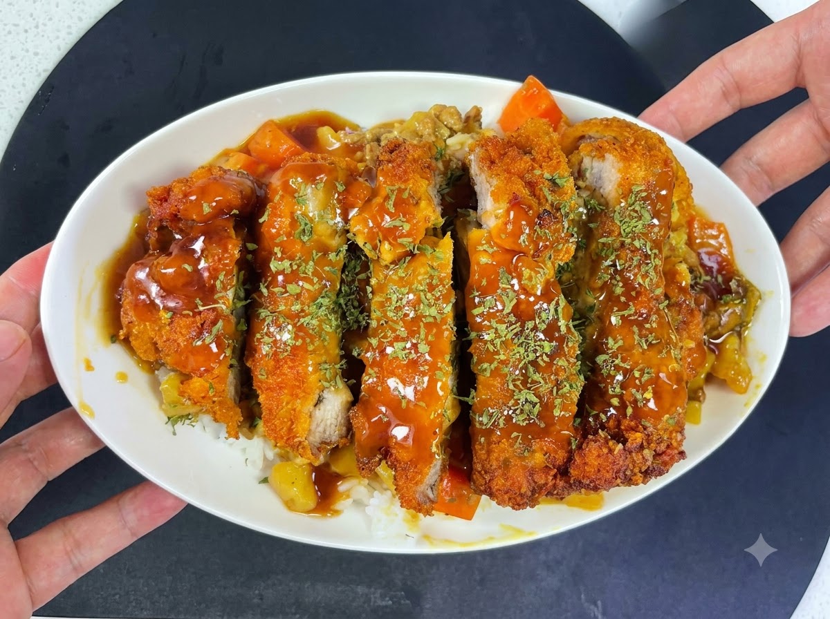 熱した油の中で、きつね色にサクサクと揚がっている豚カツの様子。
