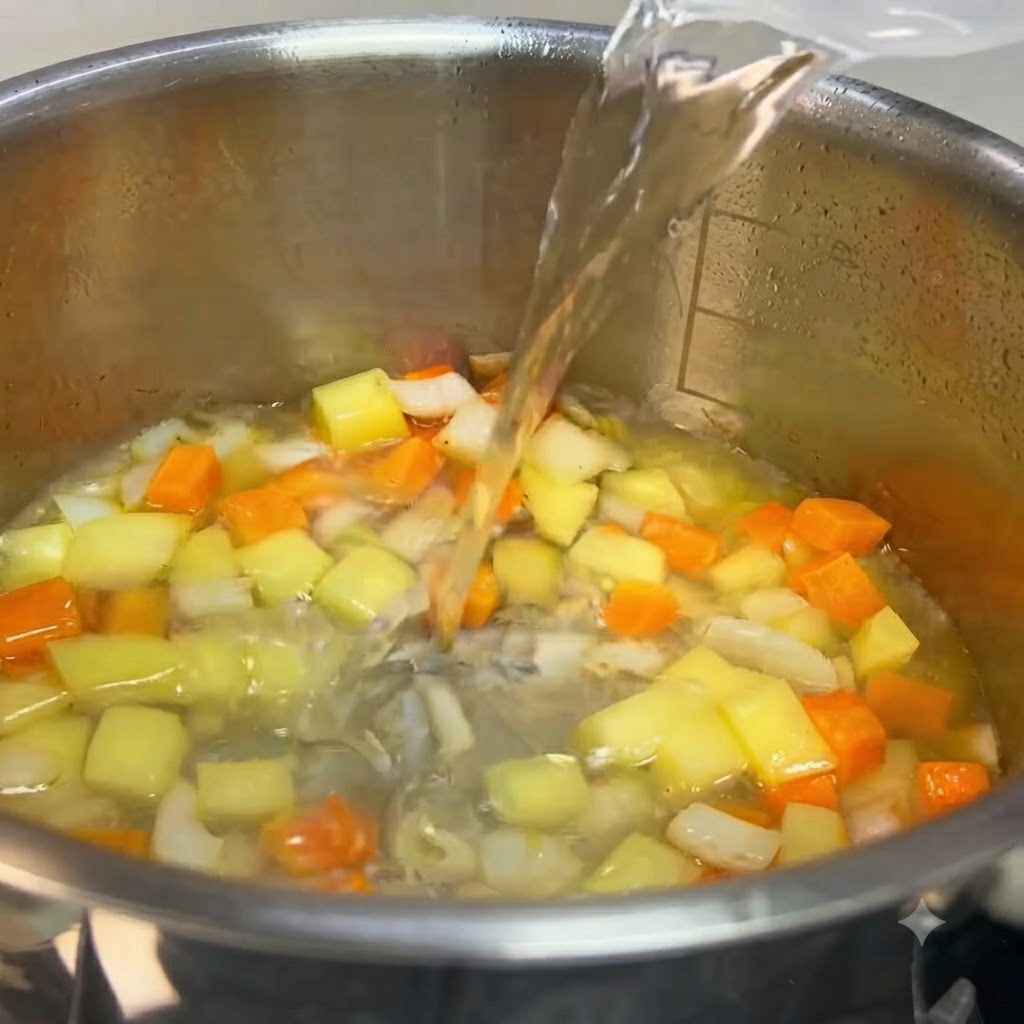 ジャガイモやニンジンなどの刻んだ野菜が入った鍋に、カレールーと水分を注ぎ入れている様子。