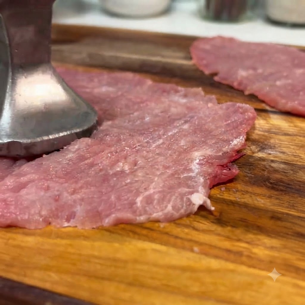 木のまな板の上で、金属製の肉叩きハンマーを使って生の豚ロース肉を平らに伸ばしている様子。