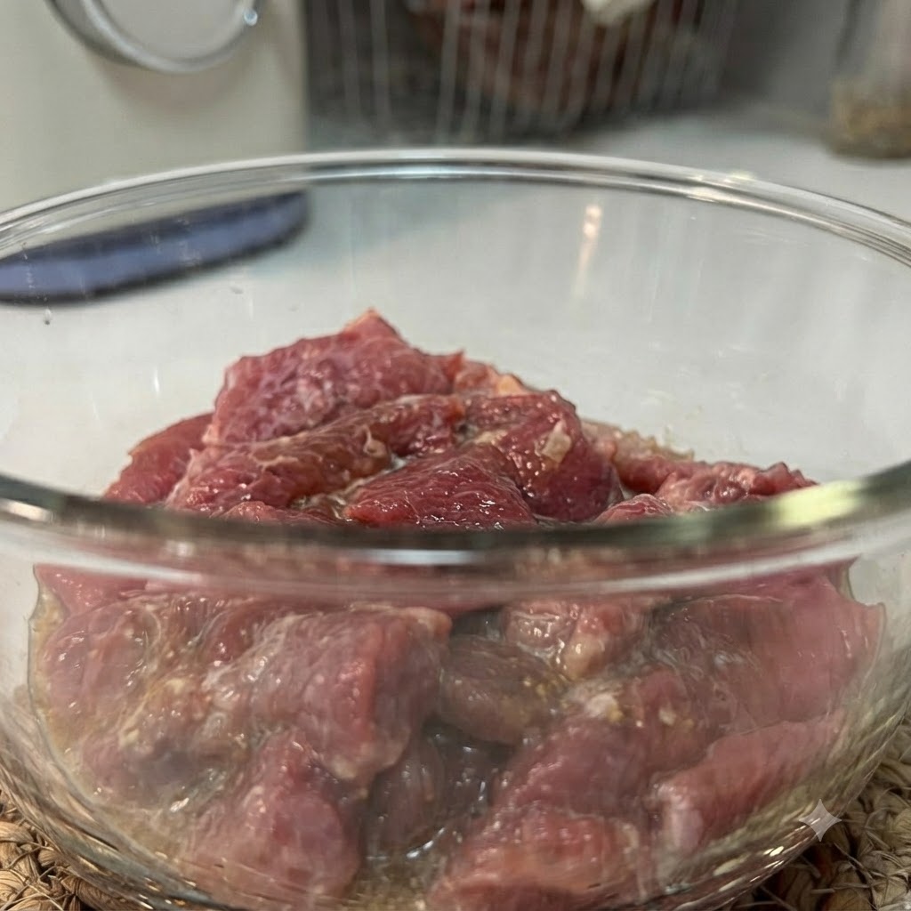 透明なガラスボウルに入った、艶のある下味に漬け込まれた生の豚肉。