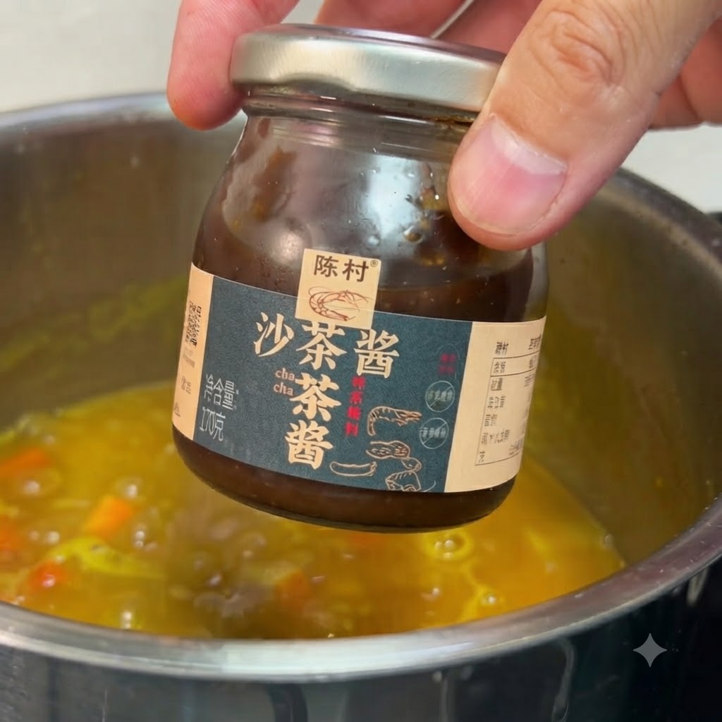 鮮やかな黄色の煮込みカレーが入った鍋の上で、サテソースの小瓶を持っている手。