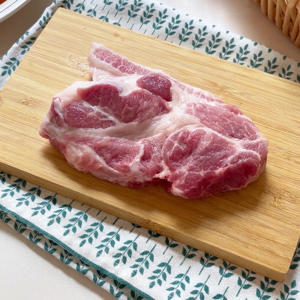 木製のまな板の上で、肉たたきを使って豚カツの肉を叩いている様子。cite: 1