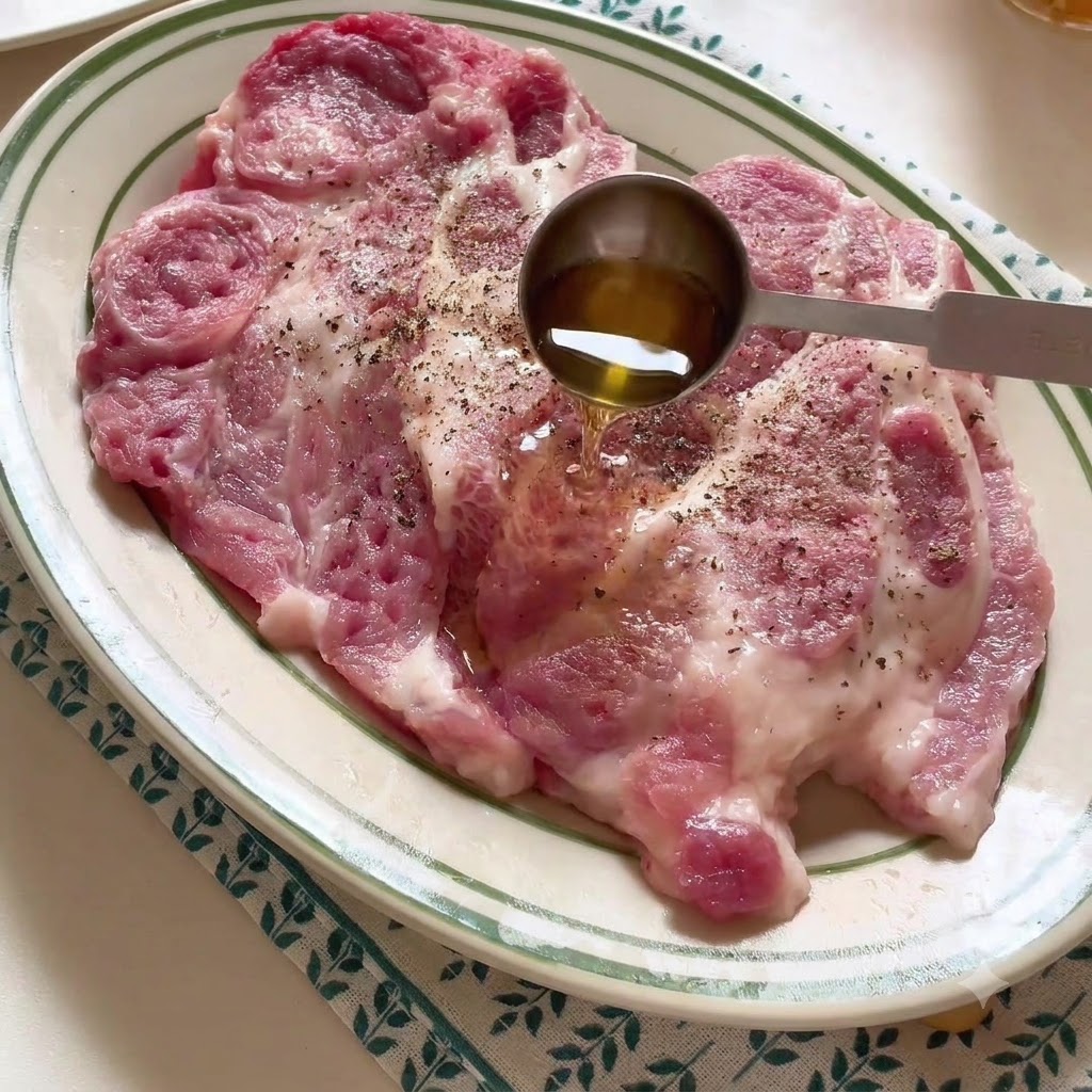 お皿に載った豚カツに、料理酒やスパイスで下味をつけている様子。cite: 1