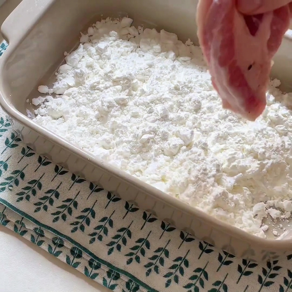 白い粉が入った容器に豚肉を浸している様子。cite: 1