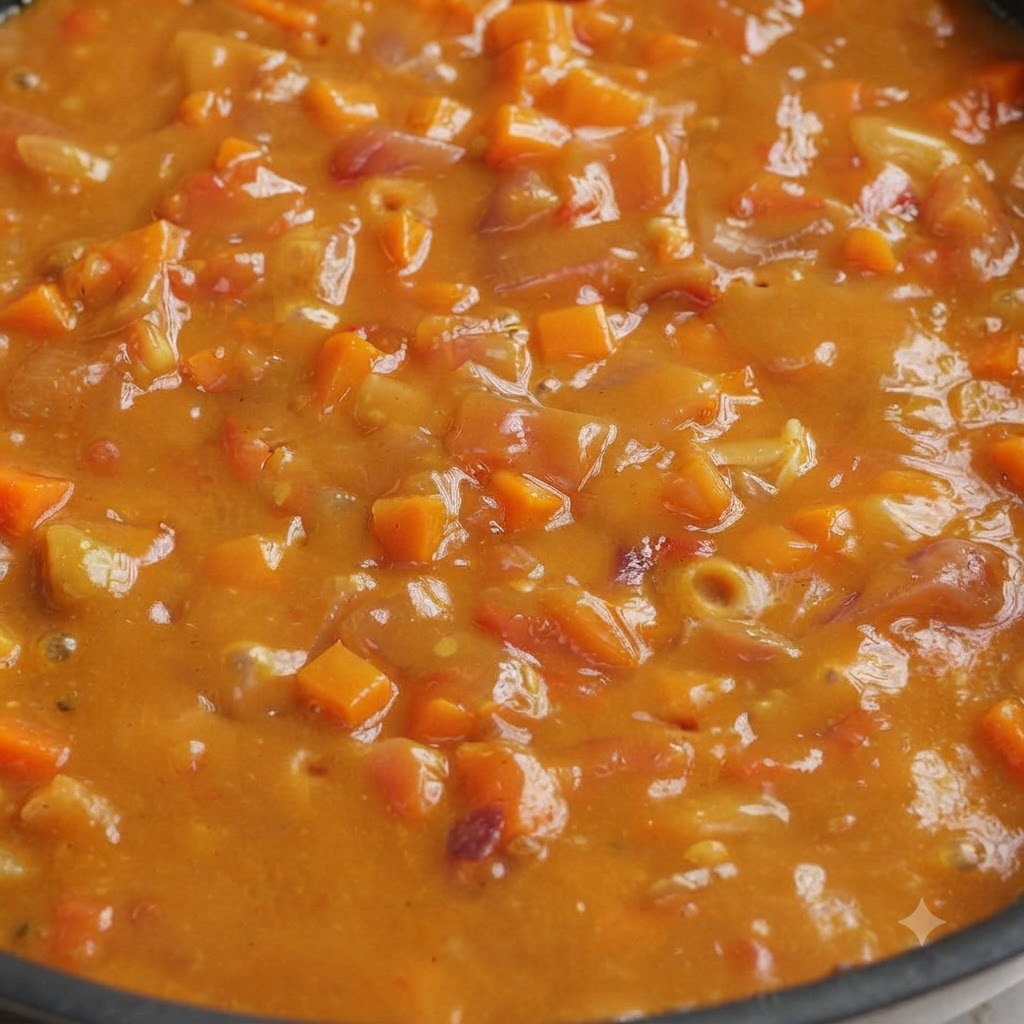 フライパンで細かく刻んだニンジンやトマトと一緒に、濃厚でクリーミーなカレーソースが煮込まれているクローズアップ。