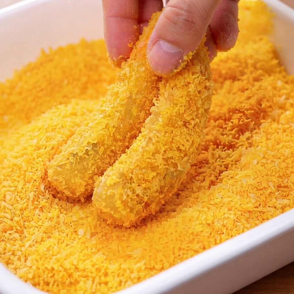 衣をつけたエビが、きつね色でカリッとするまで熱した油で揚げられている様子。
