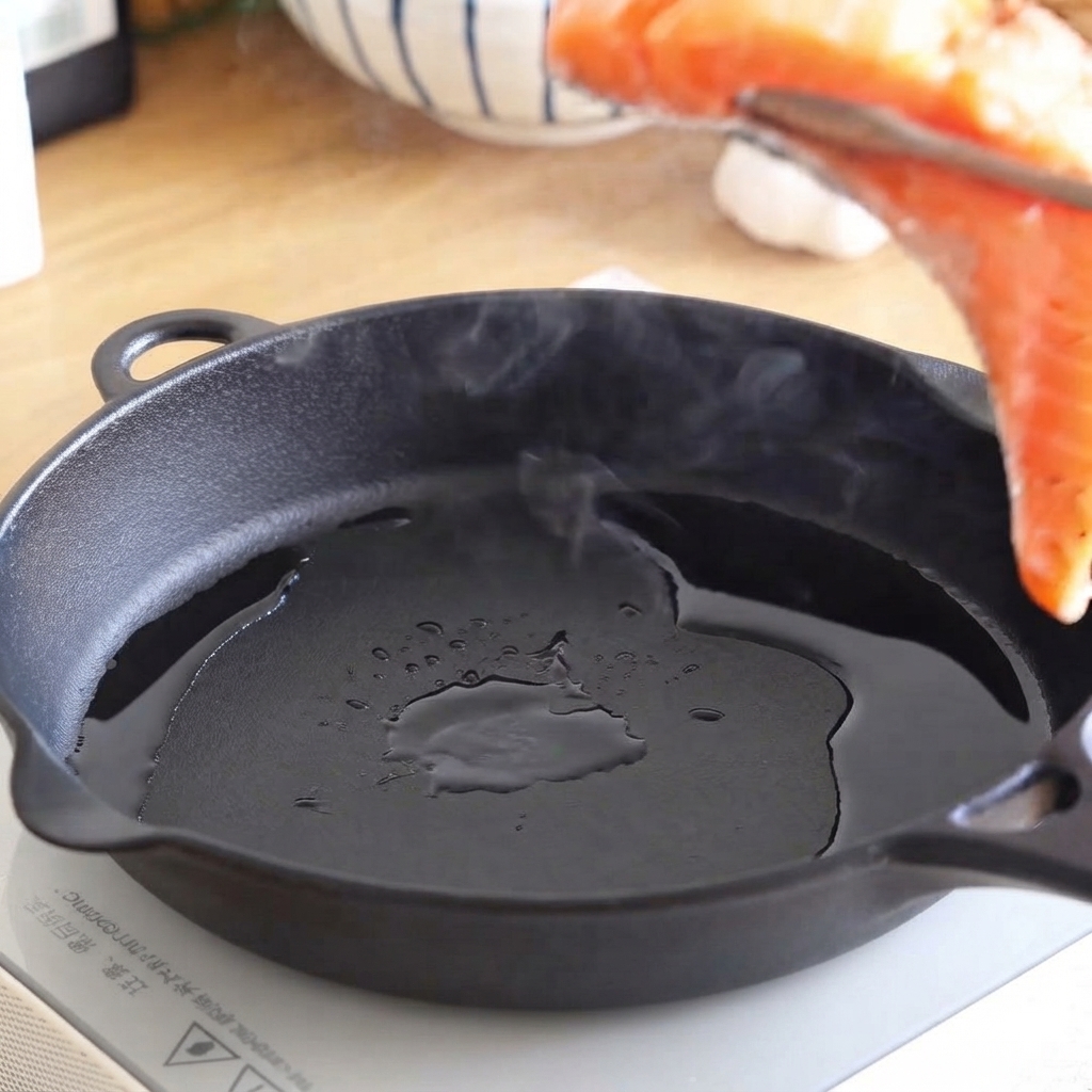 トングを使って、熱した油を引いた鋳鉄製のスキレットに生サーモンのフィレを入れようとしている様子。