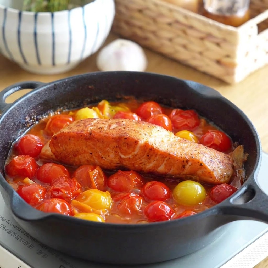 チェリートマトと一緒に煮込まれるトマトソースのベースが入った鋳鉄製のスキレットの中に、焼き上がったサーモンのフィレが置かれている様子。