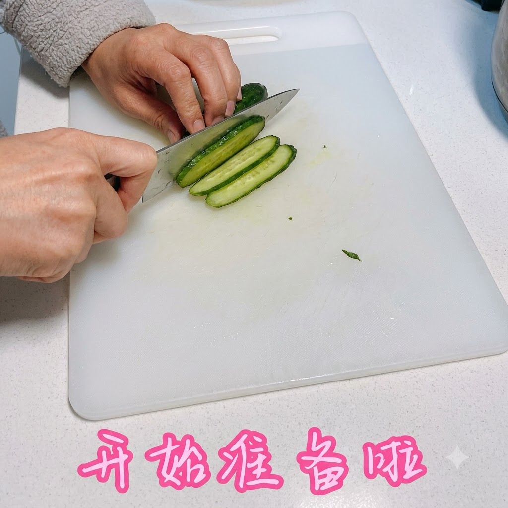 白いまな板の上で包丁を使い、キュウリを薄切りにしている手元。