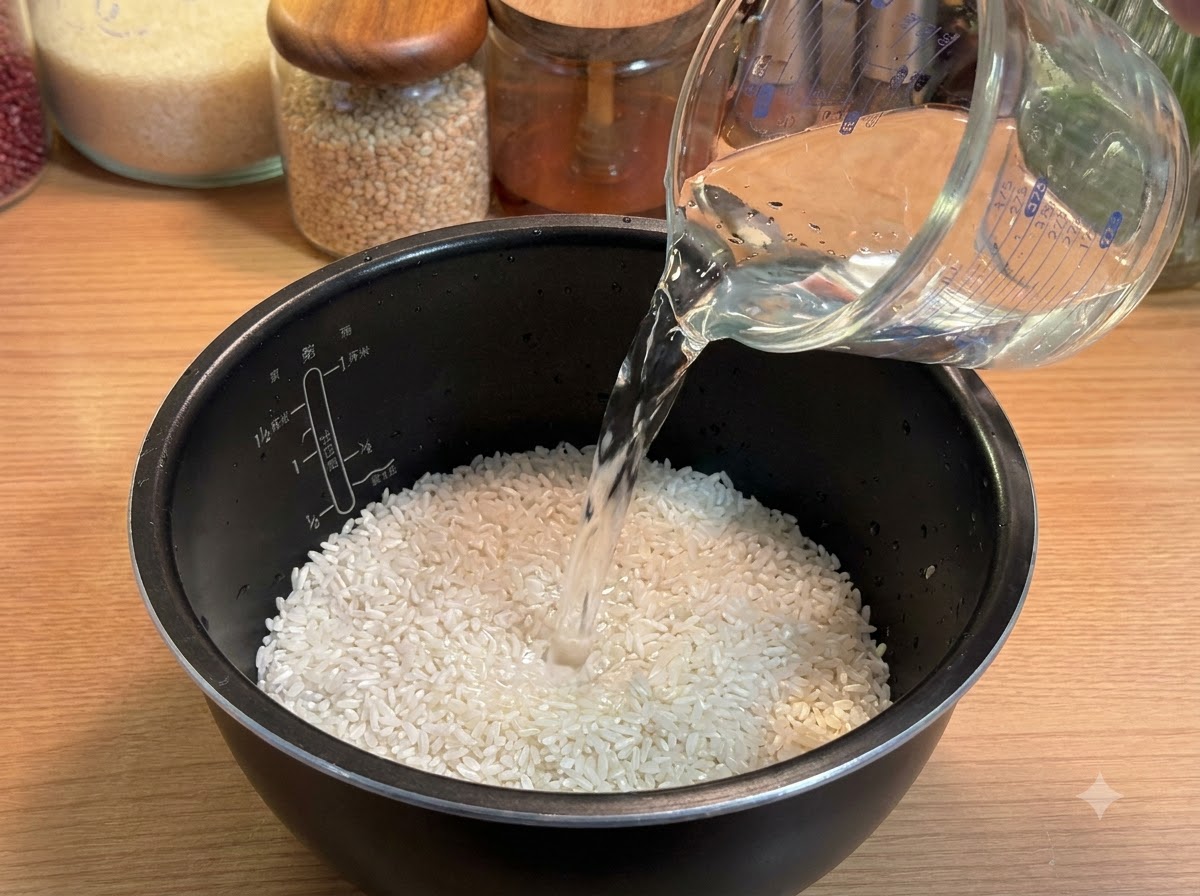 計量カップから炊飯器の釜に水と白米を注いでいる様子。