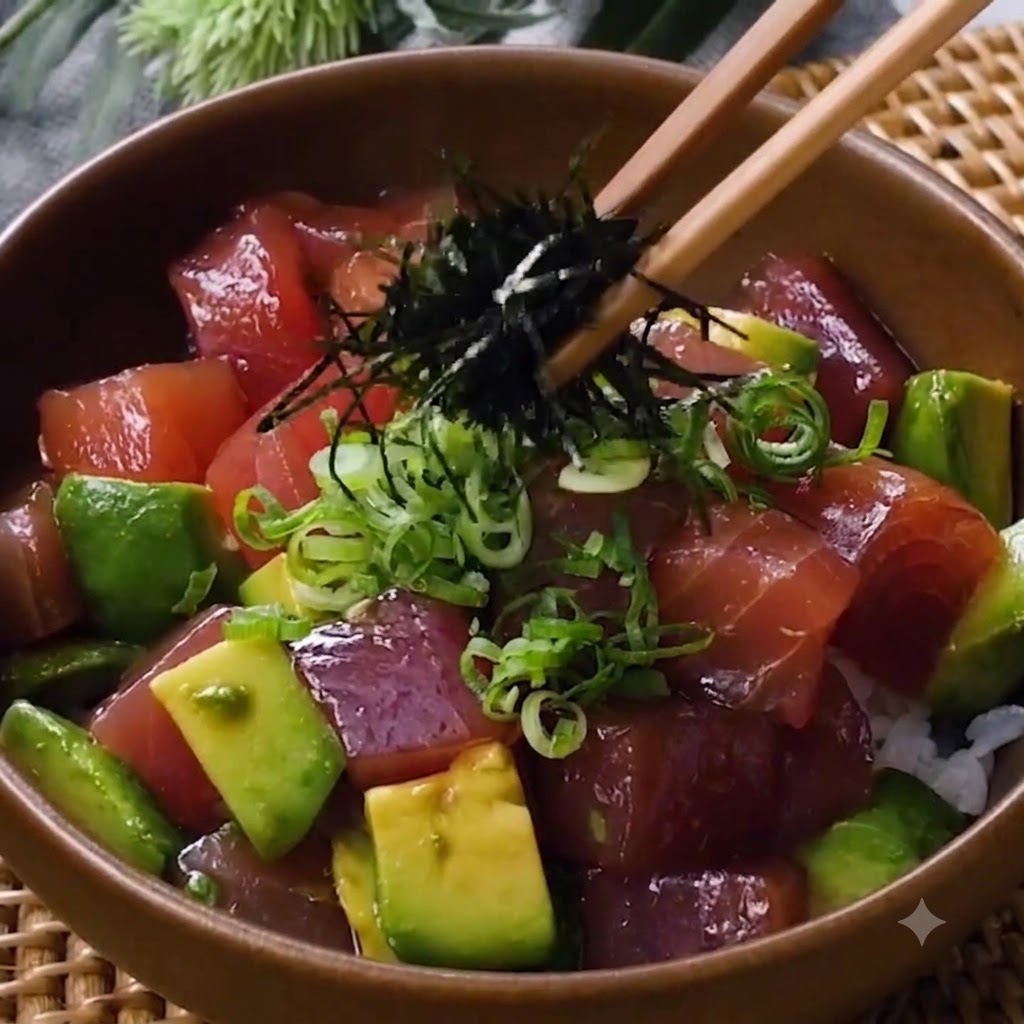 箸を使って、ポキ丼の中央にトッピングとして刻み海苔をつまんでのせているところ。