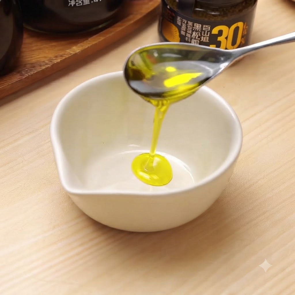 小さな白いボウルにオリーブオイルや他の材料を注いでいる様子。