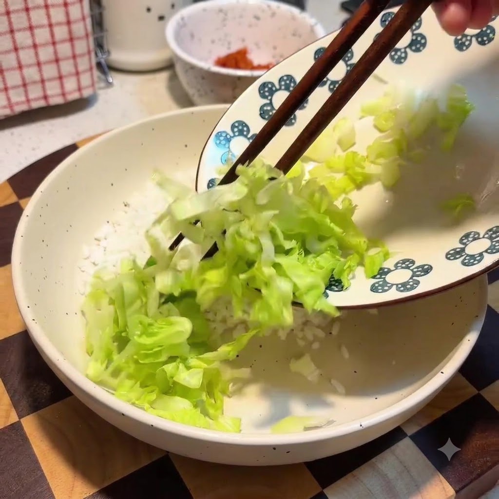 お皿から箸を使って、大きなボウルに入った白米の上に刻んだ緑色のレタスを移しているところ。