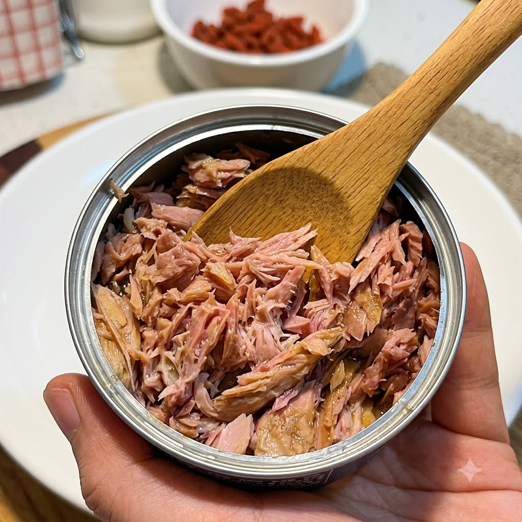 提供用のボウルのすぐ上で、木べらに載せられたツナ缶のフレーク。