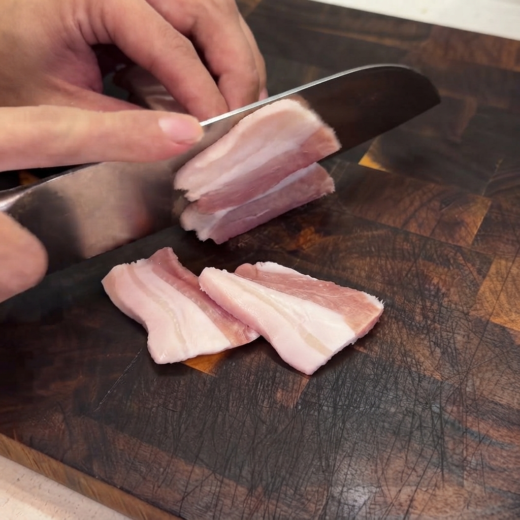 木のまな板の上で、皮なしの豚バラ肉を包丁で薄切りにしている様子。