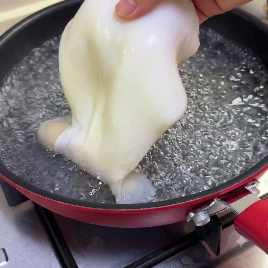 丸ごとのイカを沸騰したお湯の入った鍋に入れ、30秒間茹でている様子。