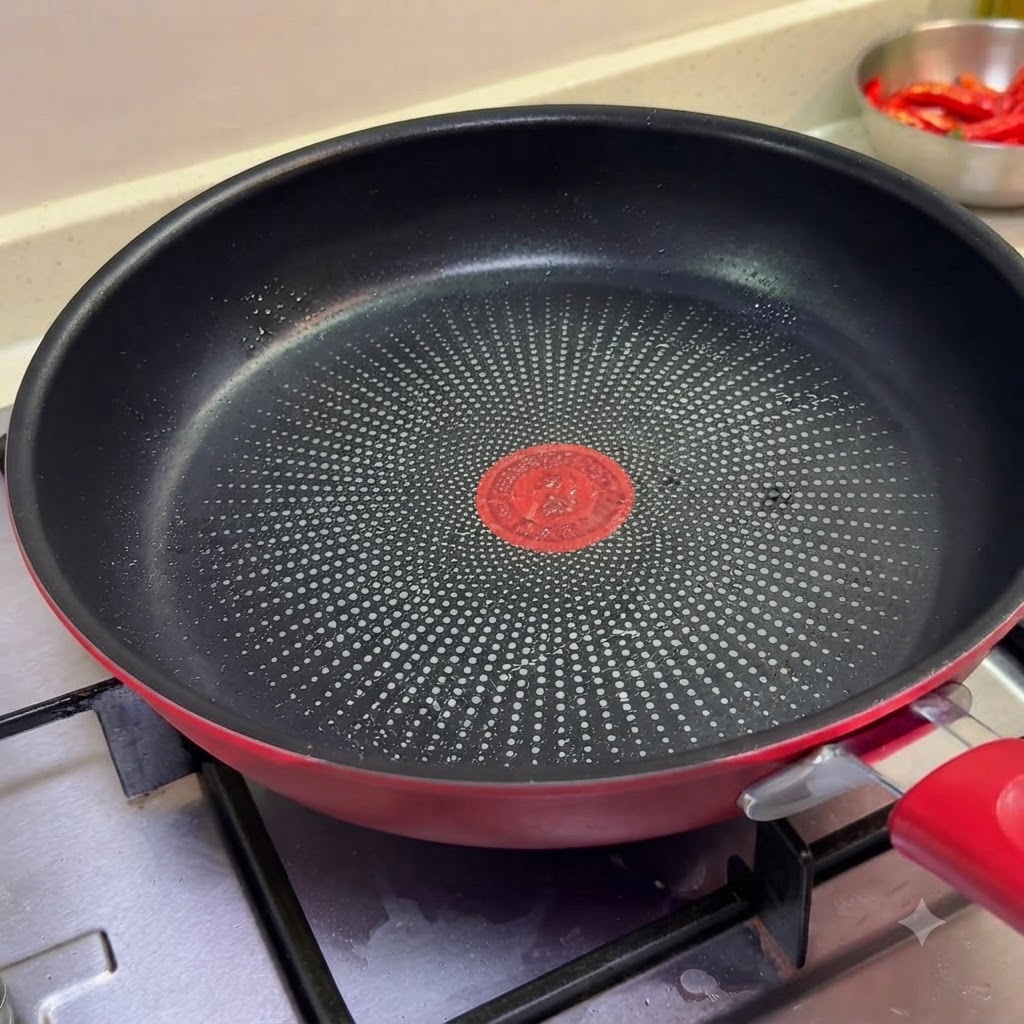 中火にかけたフライパンに、スライスした豚バラ肉を焼くために並べている様子。
