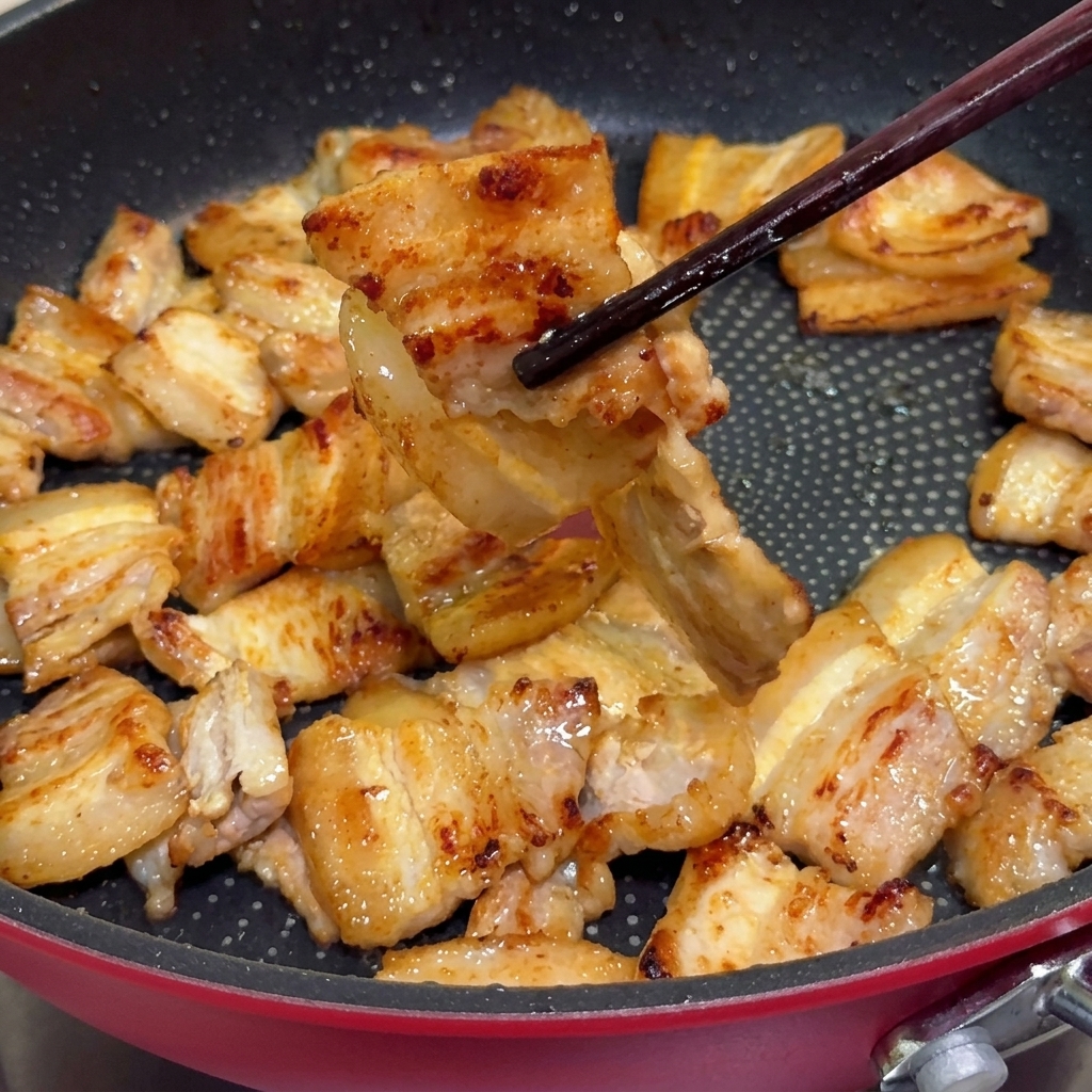 豚肉から出た脂が残るフライパンで、スライスした玉ねぎを菜箸で炒めている様子。