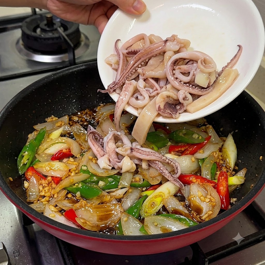 炒めた野菜が入ったフライパンに、茹でたイカと焼いた豚バラ肉をお皿から移し入れている様子。
