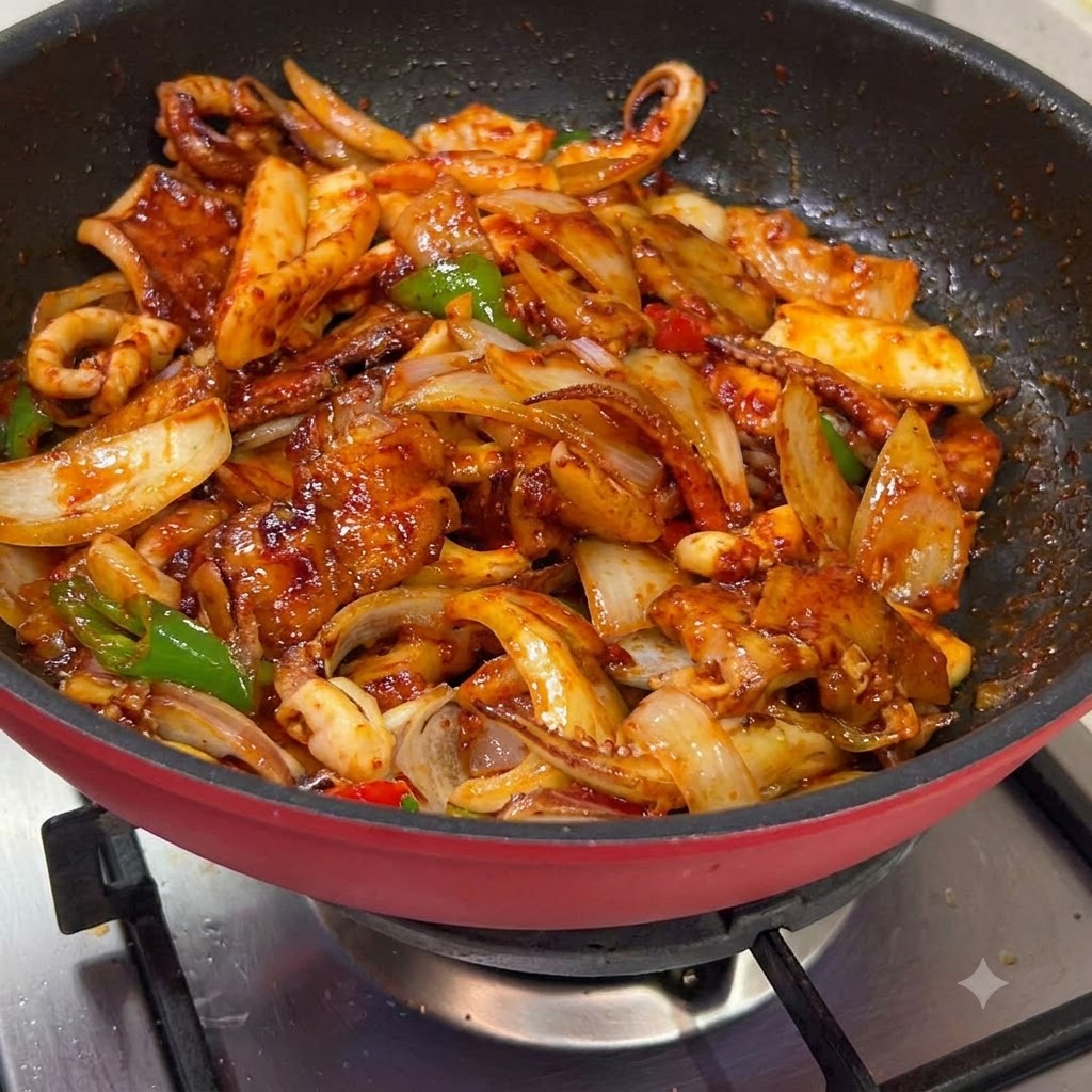 中華鍋の中で、イカ、豚肉、野菜が真っ赤なタレと絡み合いながら炒められている様子。