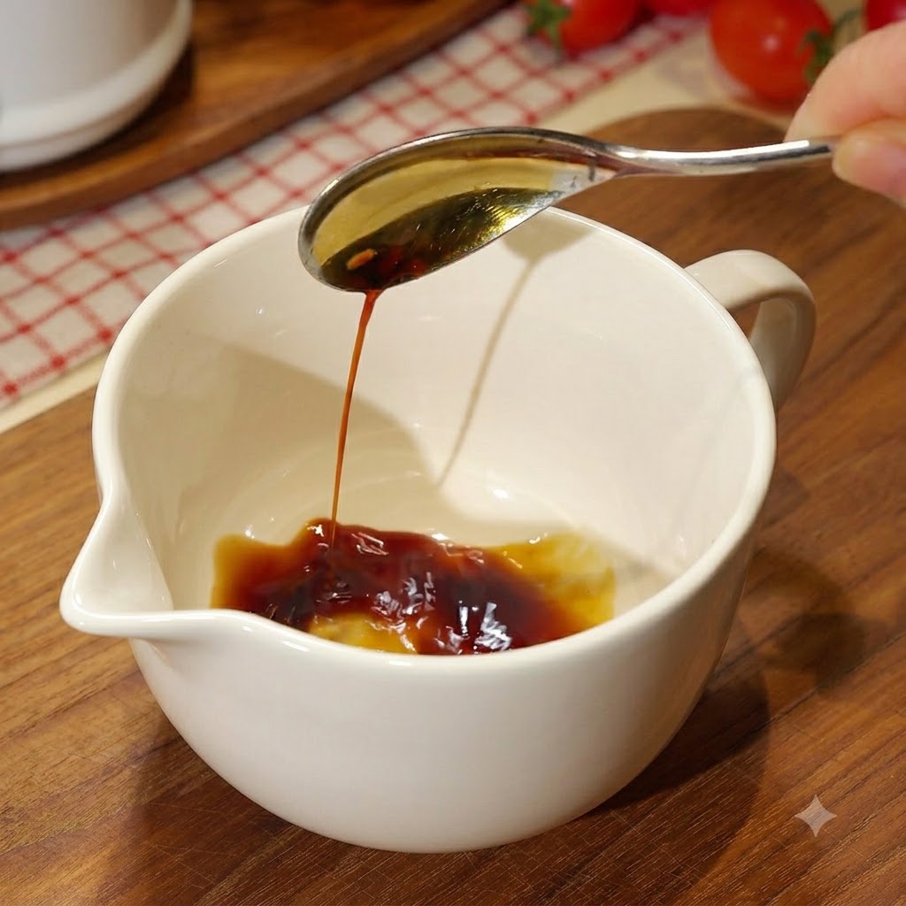 白い計量カップに入れられた濃い色のタレの材料を、スプーンで混ぜ合わせている様子。