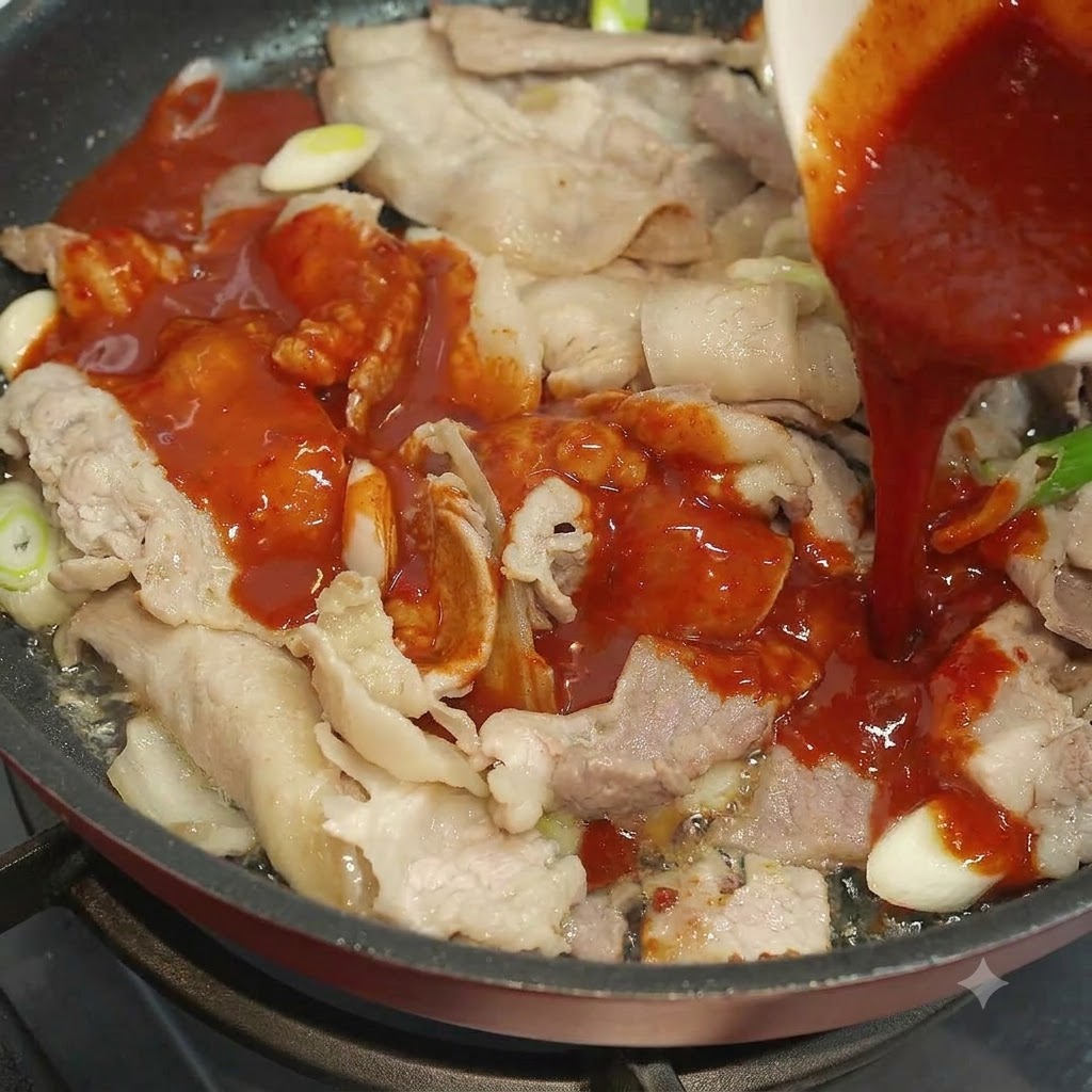 豚肉と青ねぎが入ったフライパンに、ボウルから赤いタレを流し入れているところ。