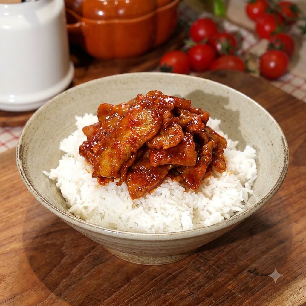 セラミック製の茶碗に入った白いご飯の上に、調理したピリ辛豚肉を箸を使って丁寧に盛り付けている様子。