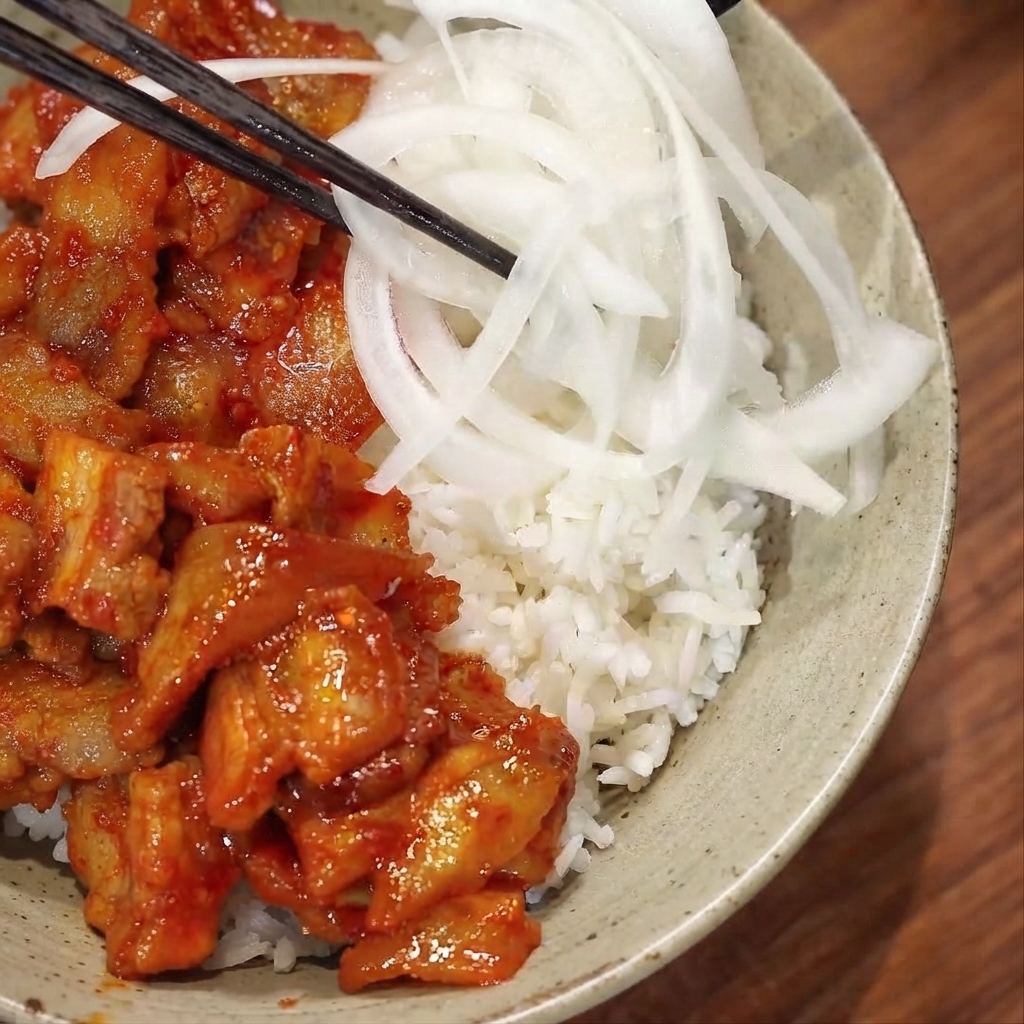 ピリ辛豚肉とご飯が盛られた丼に、箸で水にさらした白い玉ねぎの細切りを添えているところ。