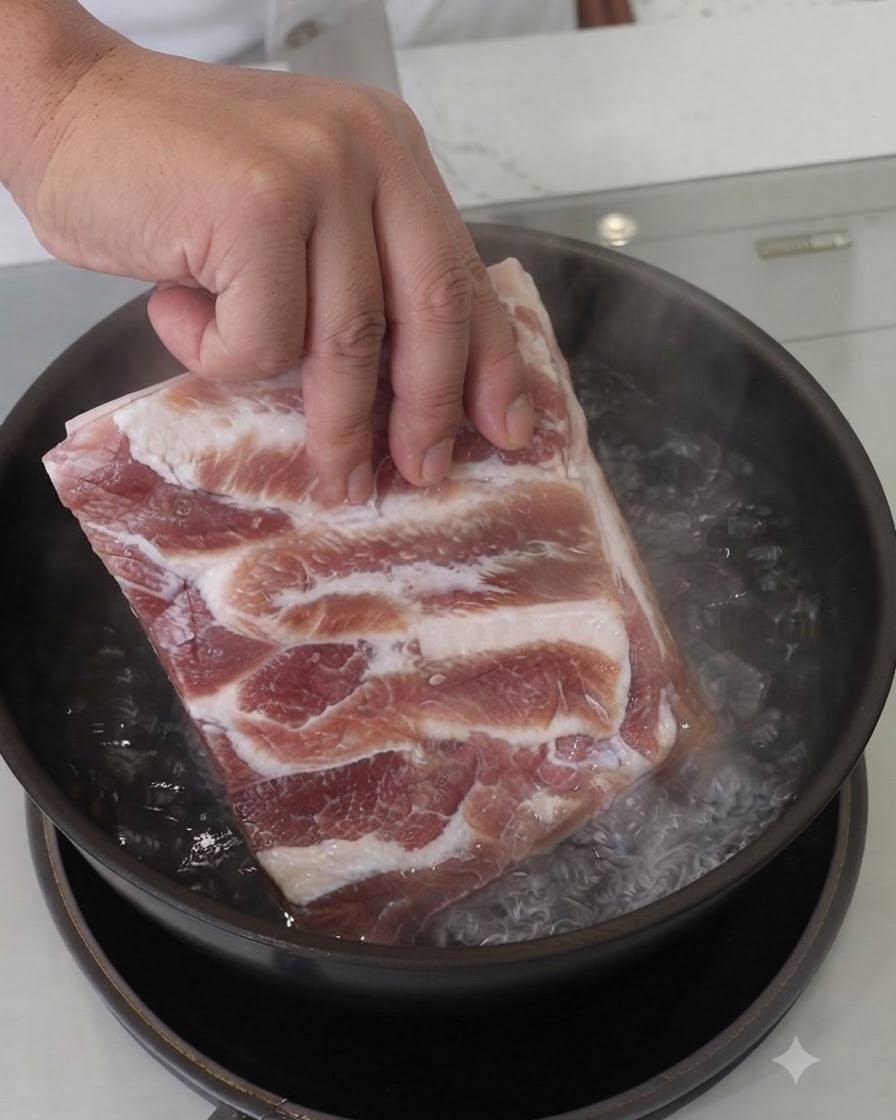 生の豚バラ肉の塊が、沸騰したお湯の入った鍋に沈められている様子。