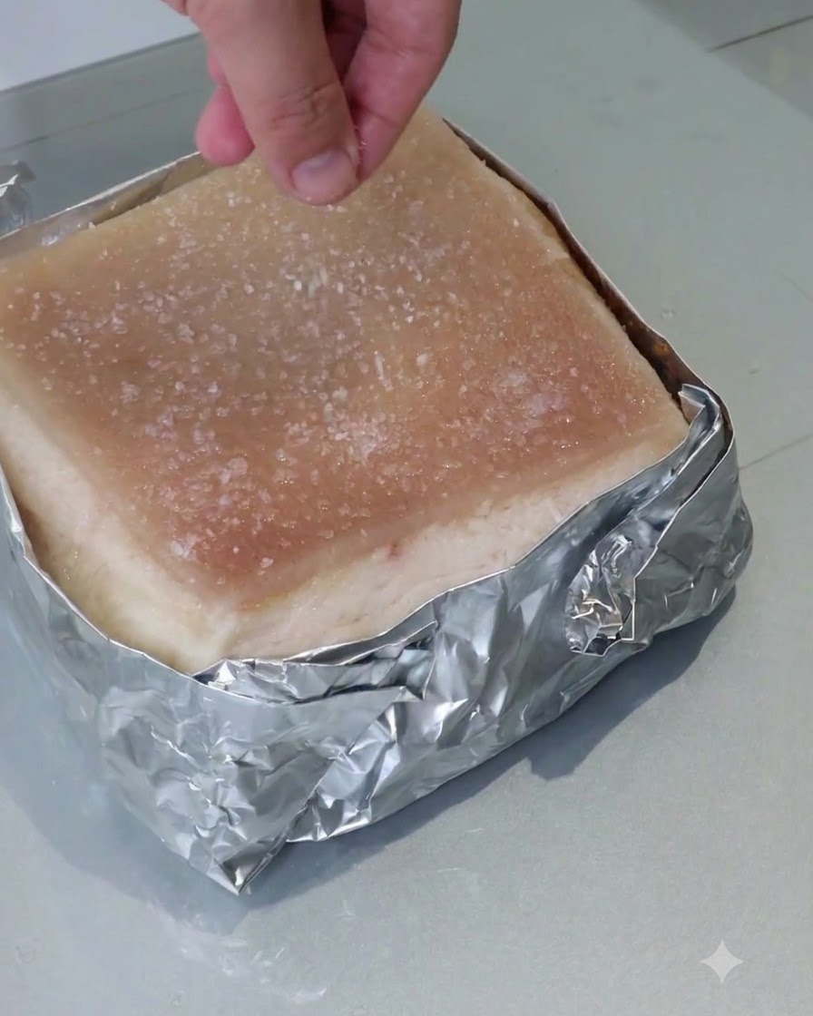 ホイルで包まれた豚バラ肉の表面に、手で粗塩を均一に振りかけている様子。