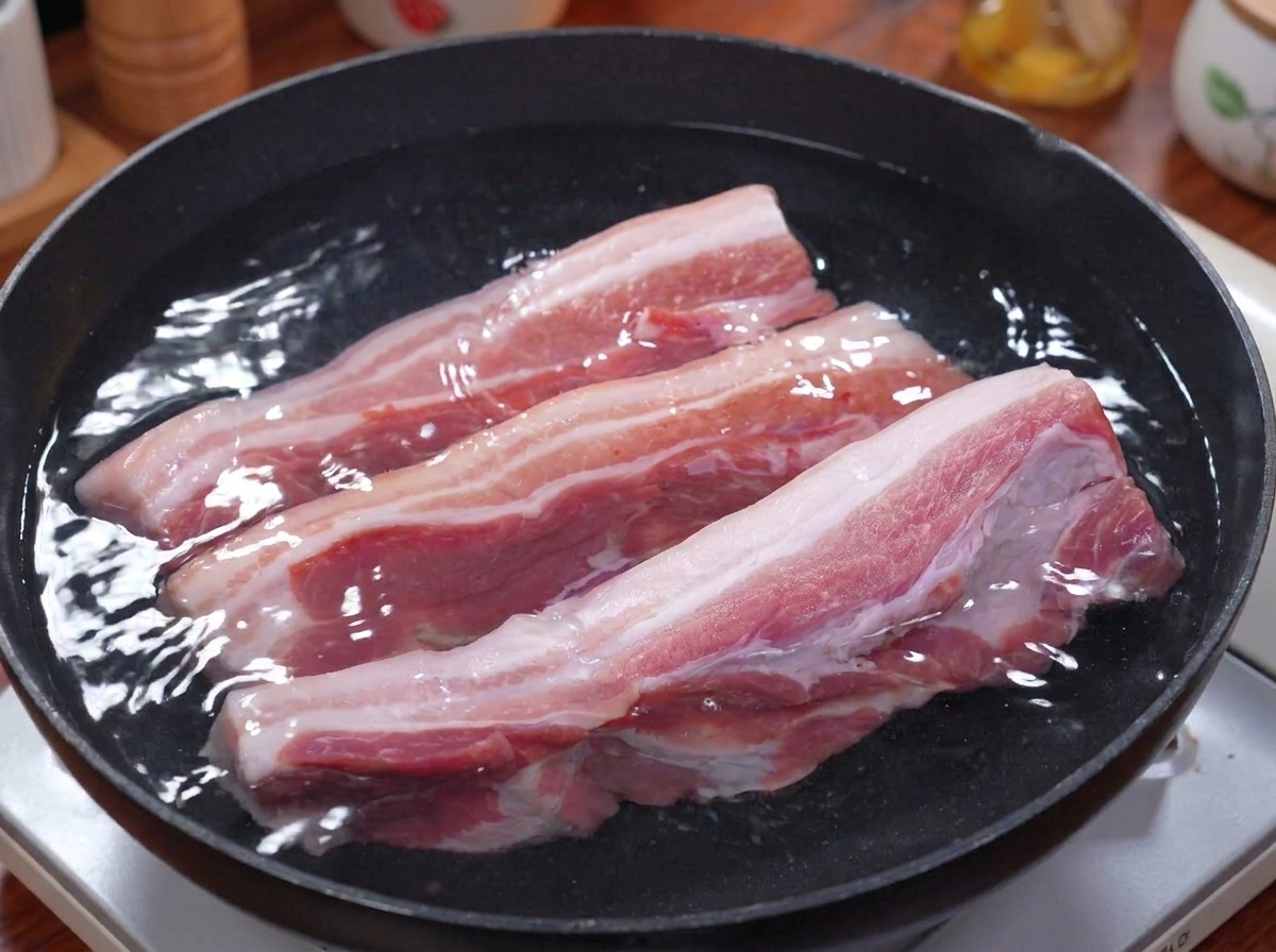 水を入れた鍋に生姜、青ネギ、3本の生豚バラ肉が入っている状態。