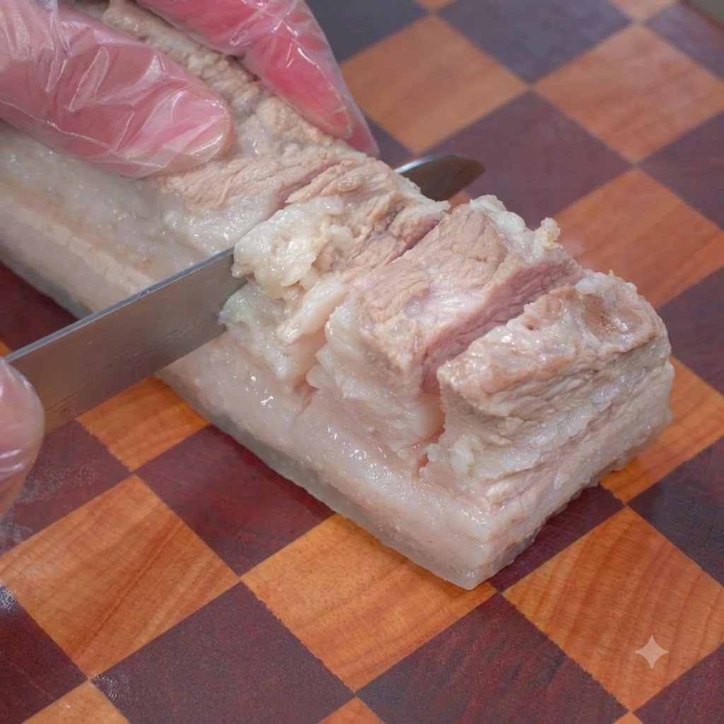 まな板の上で、茹でた豚バラ肉の表面に包丁で縦の切り込みを入れている状態。