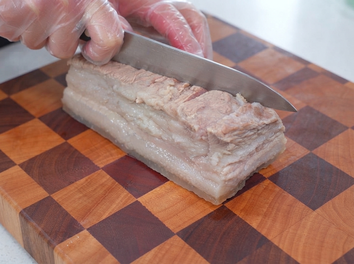 切り込みを入れた豚バラ肉に薄口醤油とオイスターソースをかけている状態。