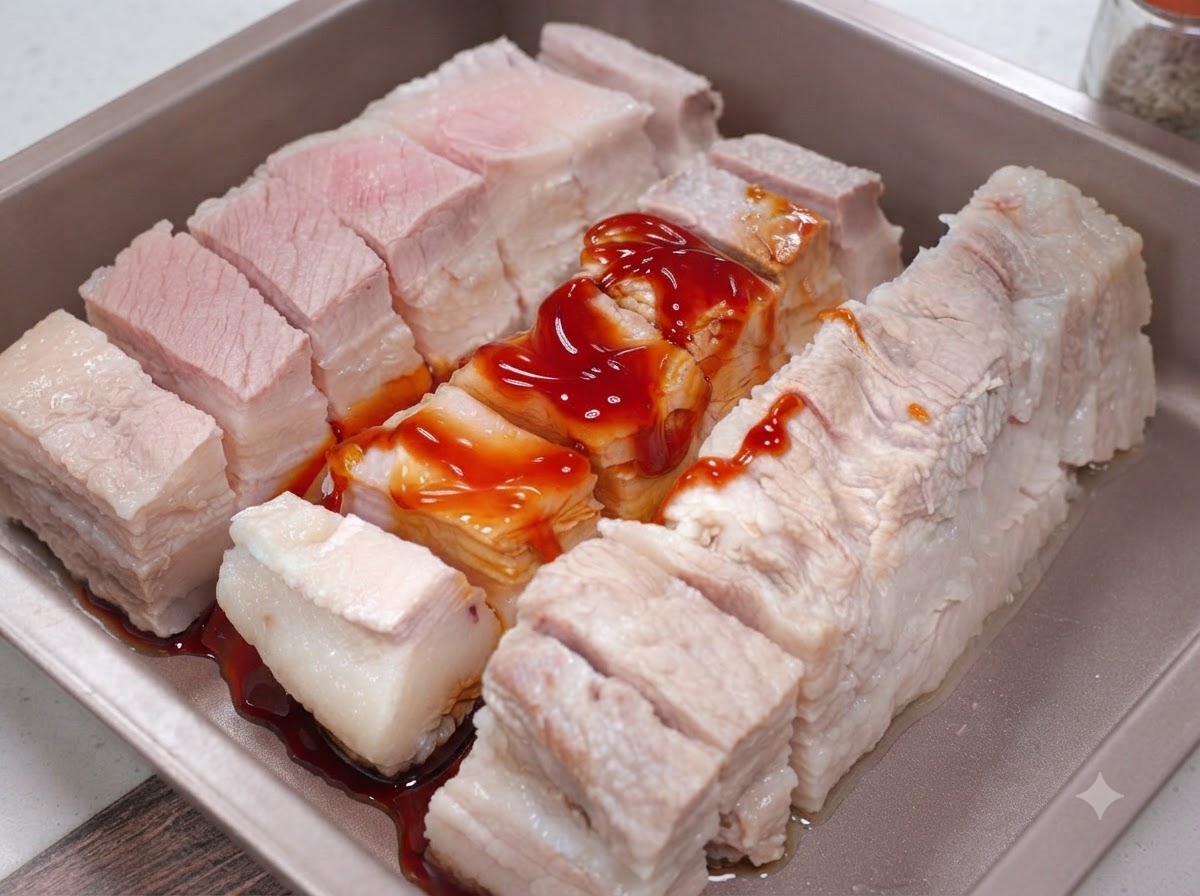 豚バラ肉の表面にBBQシーズニングパウダーを振りかけ、手で揉み込んでいる状態。