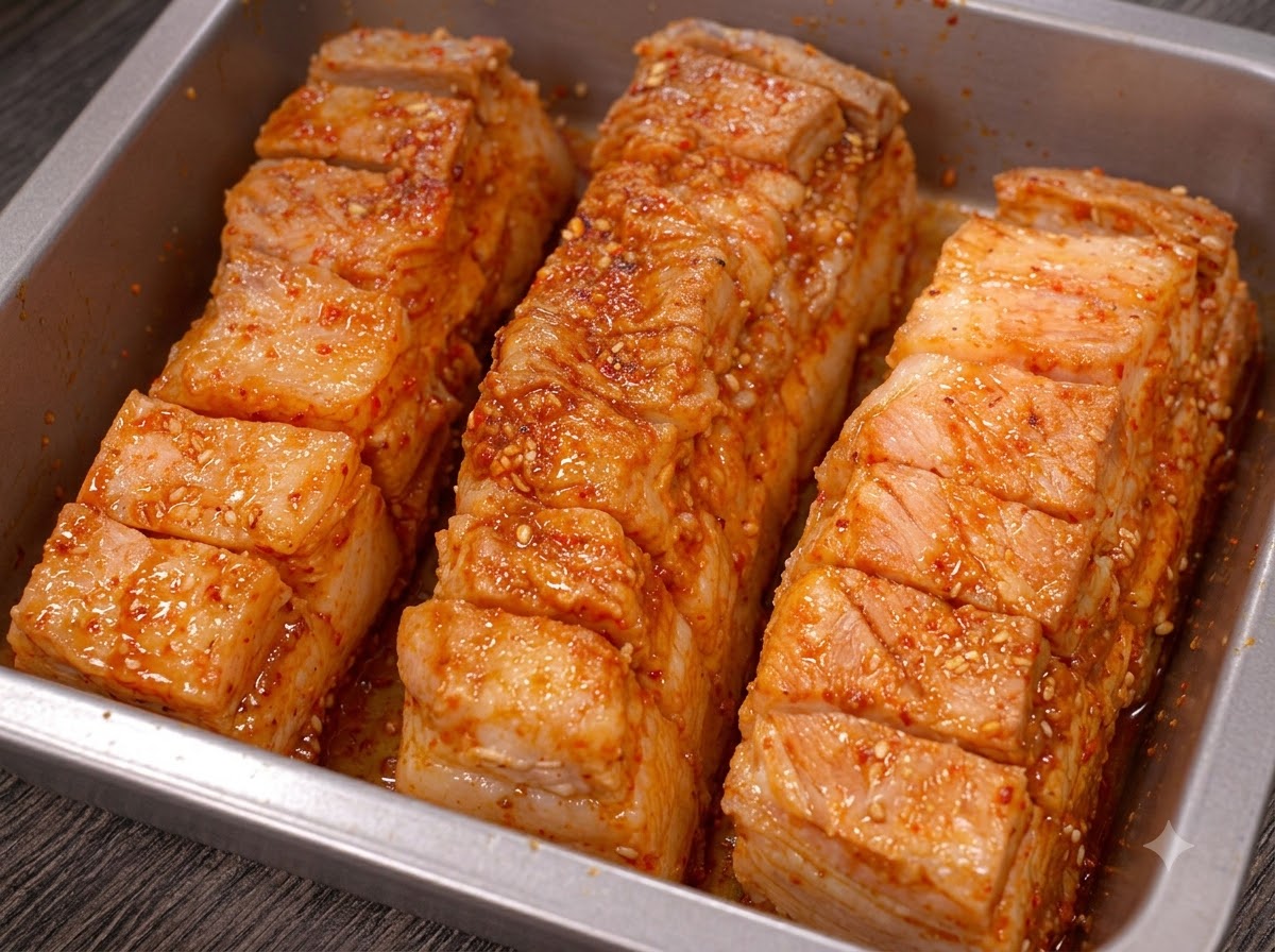 調味された豚バラ肉がアルミホイルでしっかりと包まれている状態。