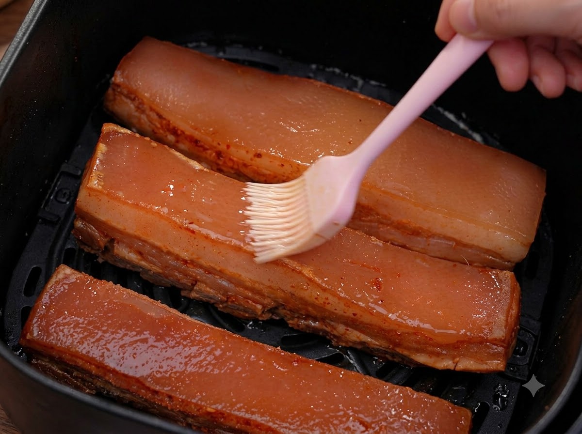 塩を取り除いた豚バラ肉をエアフライヤーのバスケットに入れ、白ワインビネガーを再び塗っている状態。