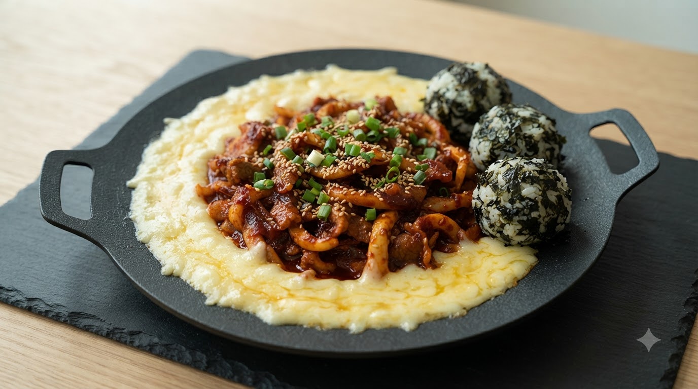 豚バラ肉とイカのピリ辛チーズ鉄板焼き（オジンオスンデ）