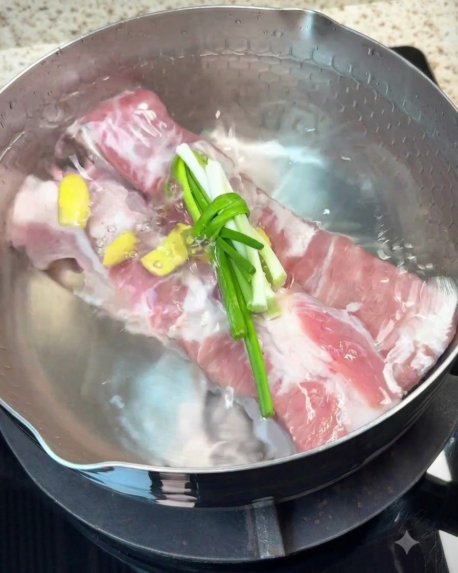 生姜、青ネギ、スパイスなどの香味野菜と一緒に鍋で茹でられる豚バラ肉の塊