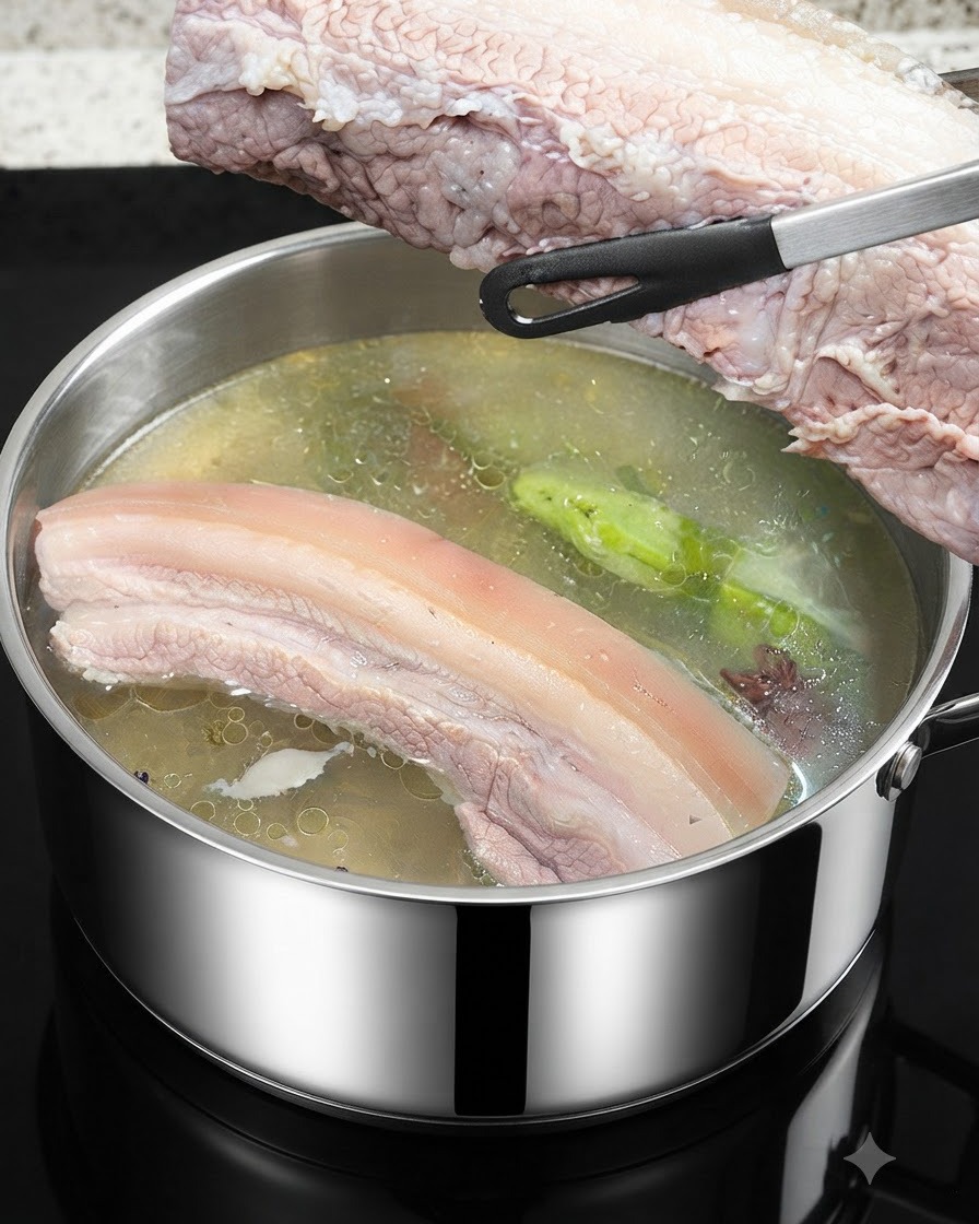 底の皮部分がつながったまま、セクションごとに切り分けられている茹でた豚バラ肉