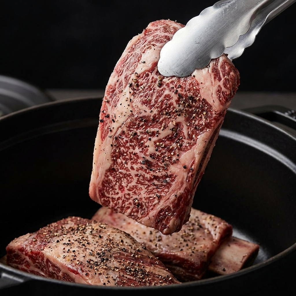 熱した黒いダッチオーブンにトングで下味をつけたビーフショートリブを入れている様子。すでに他のリブが茶色く焼き上がっている。cite: 1