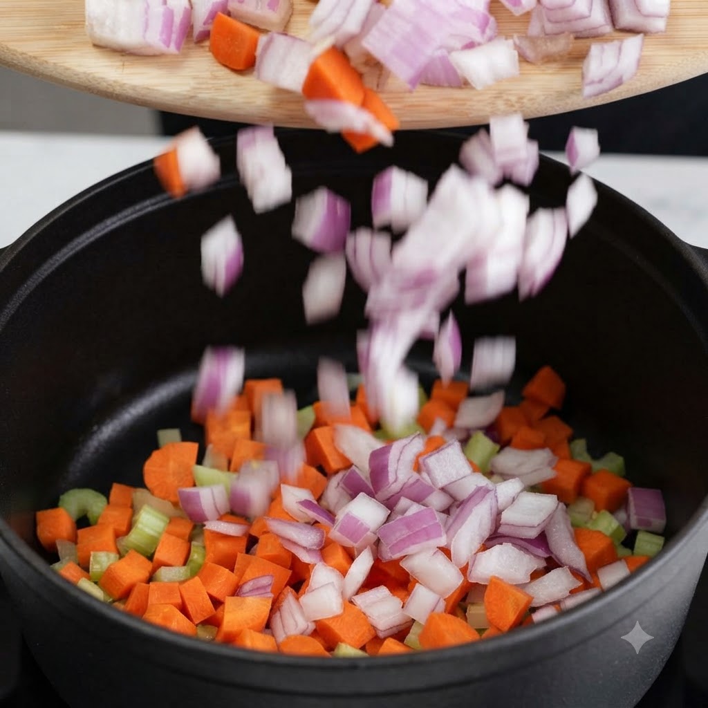 木製の板から、すでに炒められた野菜が入った熱い鍋に、みじん切りの玉ねぎとニンジンが投入されている様子。cite: 1
