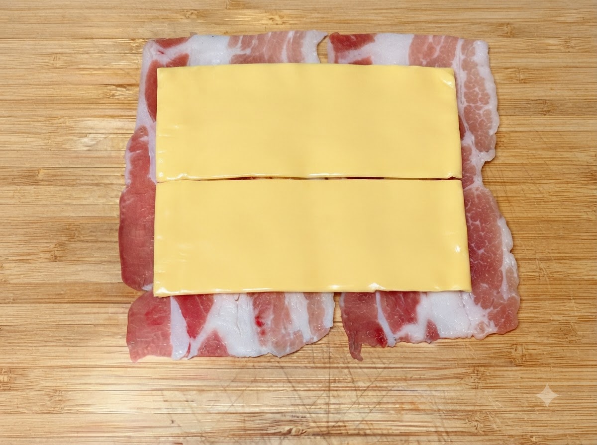 木製のまな板の上で、少しずつ重ねられた薄切りの豚バラ肉の上にきれいに並べられた四角いスライスチーズ。